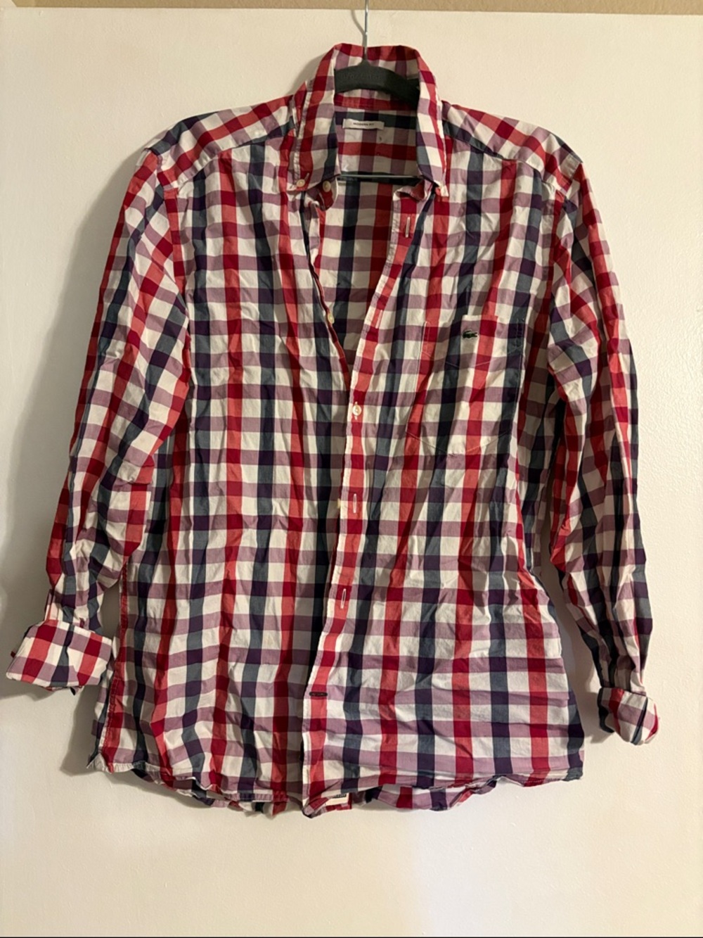 Lacoste Red, Navy & White Plaid Button-Up Shirt